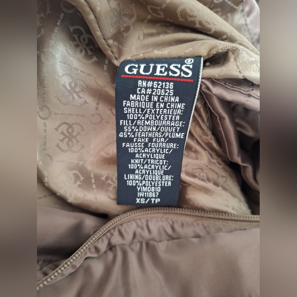 Guess Y2K Fur Hooded Long Jacket Down Puffer Utility Parka Womens XS Bronze - Picture 10 of 16